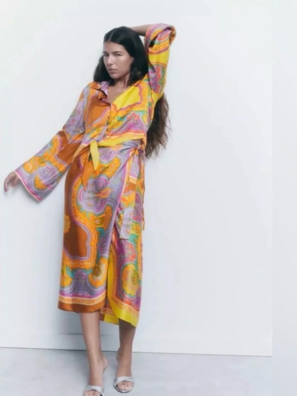 Zara Multicolor Midi Skirt with Bold Orange and Yellow Paisley Print